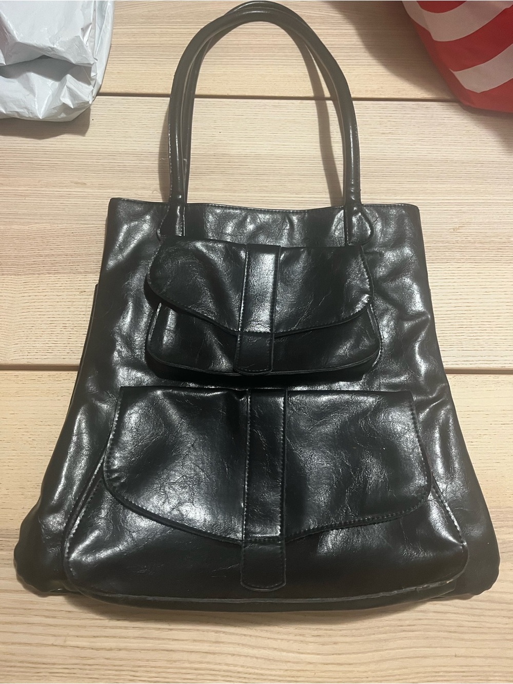 Sabina New York Tote Handbag Large Black Leather Cargo Pocket Vintage Y2K